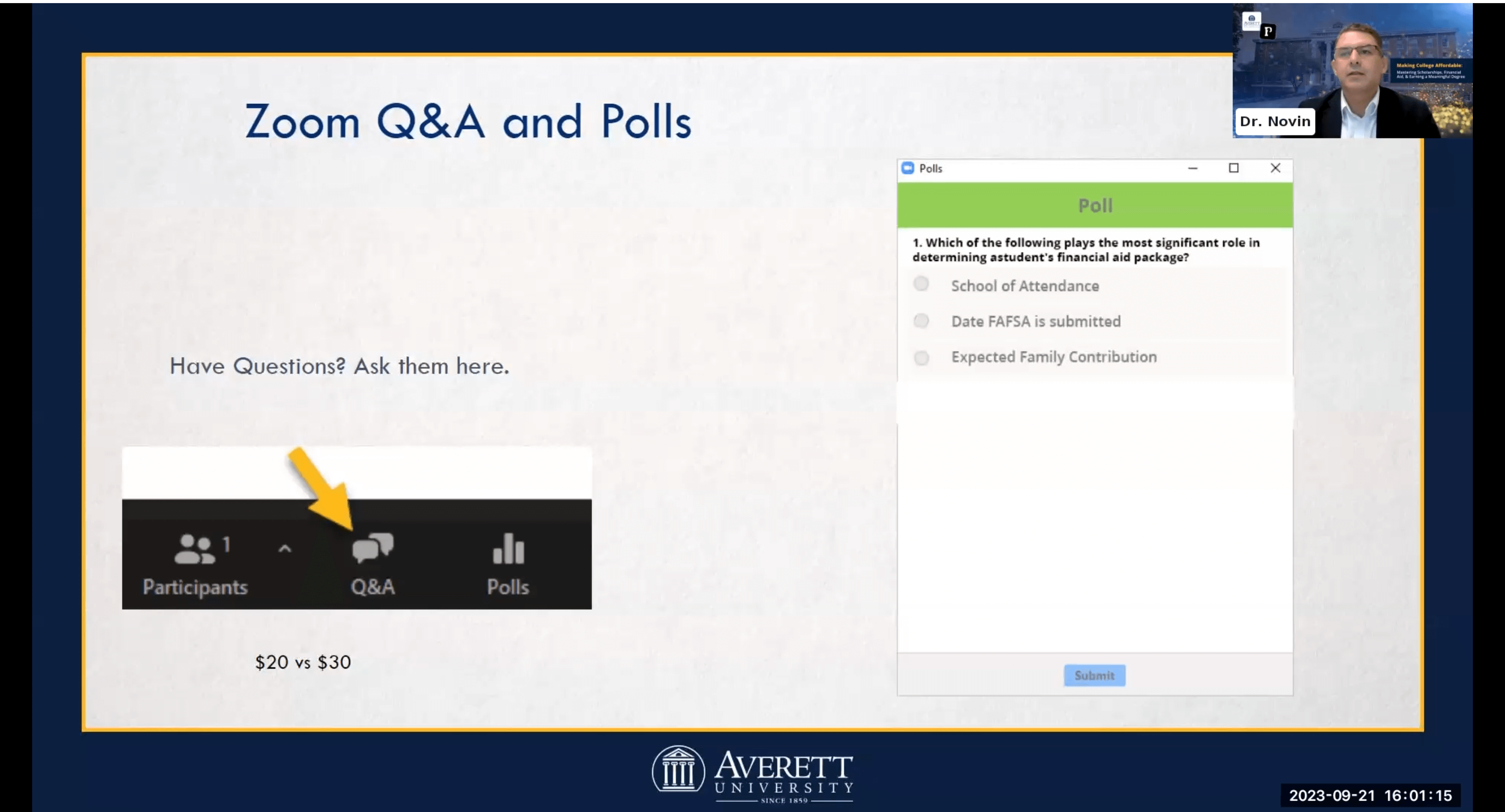 Panelists from Averett University discuss university selection, admissions, and financial aid. Q&A s