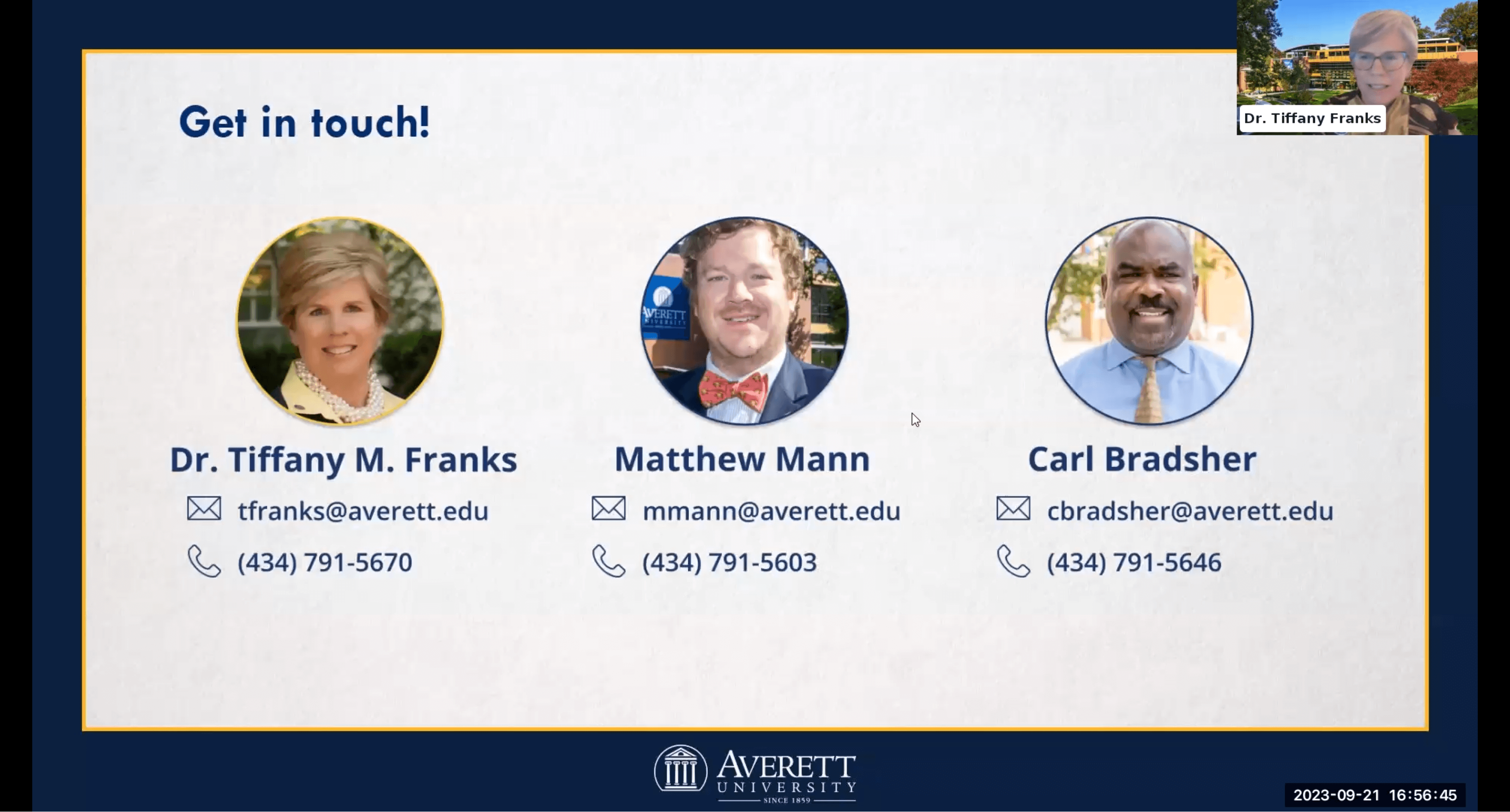 A heartfelt message from the speaker expressing gratitude and inviting the audience to visit Averett